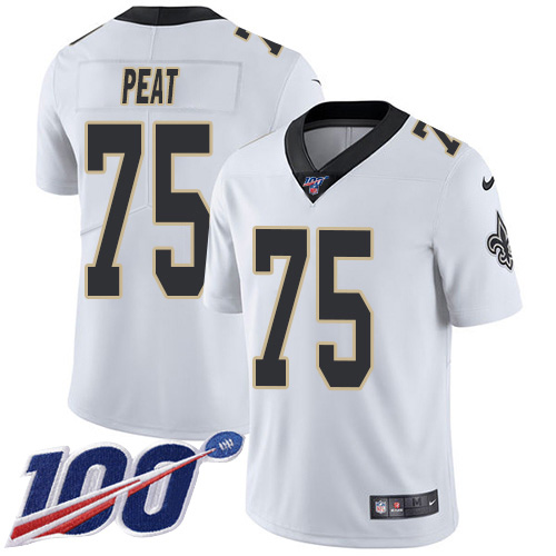 Nike Saints #75 Andrus Peat White Youth Stitched NFL 100th Season Vapor Untouchable Limited Jersey